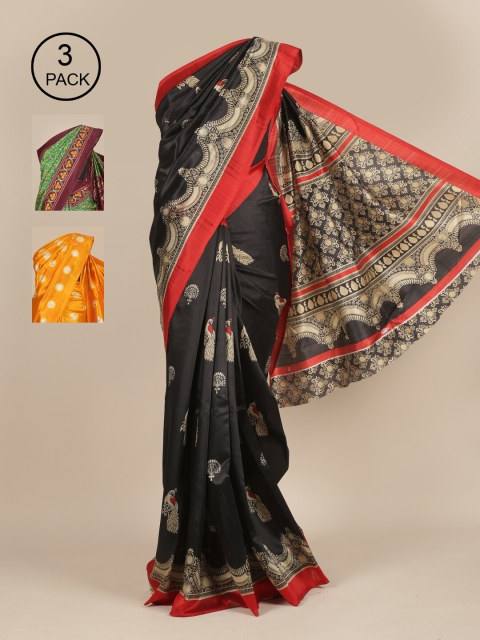

Pothys Pack of 3 Ethnic Motifs Jute Silk Saree, Black