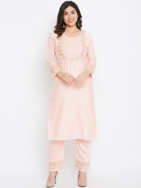 

TULIP 21 Women Pink Floral Embroidered Pleated Kurti with Churidar