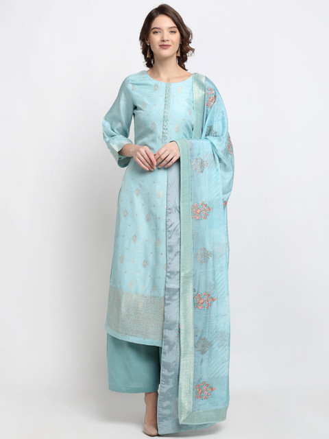 

Stylee LIFESTYLE Turquoise Blue & Gold-Toned Printed Unstitched Dress Material