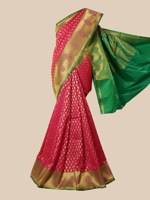 

Pothys Pink & Green Floral Zari Satin Banarasi Saree