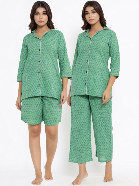 

ANAISA Women Green Printed 3 Piece Pure Cotton Night Suit Combo