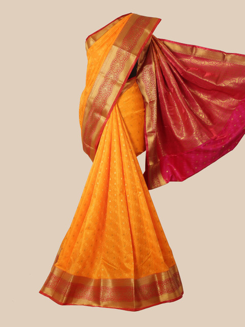 

Pothys Yellow & Pink Ethnic Motifs Zari Banarasi Saree