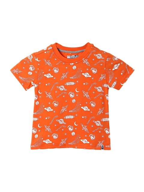 Nauti Nati Boys Orange Printed Round Neck Cotton T-shirt