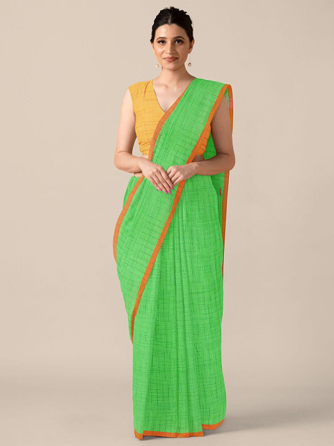 

Taneira Green & Orange Checked Pure Cotton Taant Saree