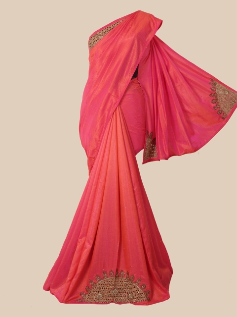 

Pothys Pink & Gold-Toned Floral Beads and Stones Saree