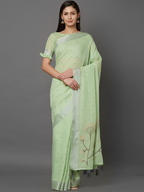 

Mitera Green Embellished Linen Blend Saree