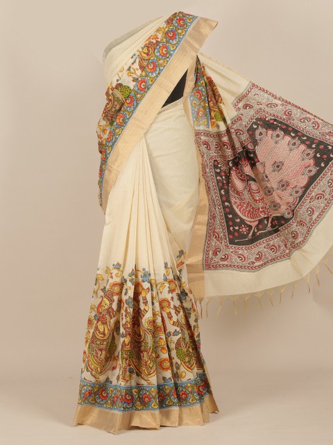 

Pothys Cream & Blue Ethnic Motifs Jaali Saree