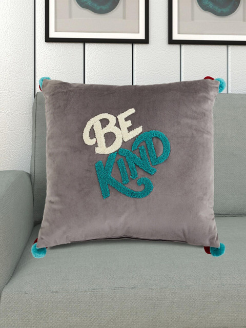 

Home Centre Grey & Teal Blue Gtl Embroidered Velvet Filled Cushion