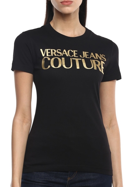 

Versace Jeans Couture Women Black & Gold Brand Logo Printed T-shirt