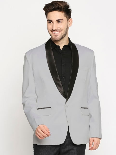 

Blacksmith Men Silver-Coloured Solid Comfort-Fit Tuxedo Blazer