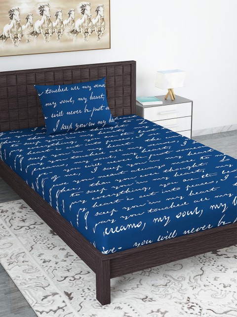 

Divine Casa Navy Blue & White Typography 110 TC Single Bedsheet with 1 Pillow Covers
