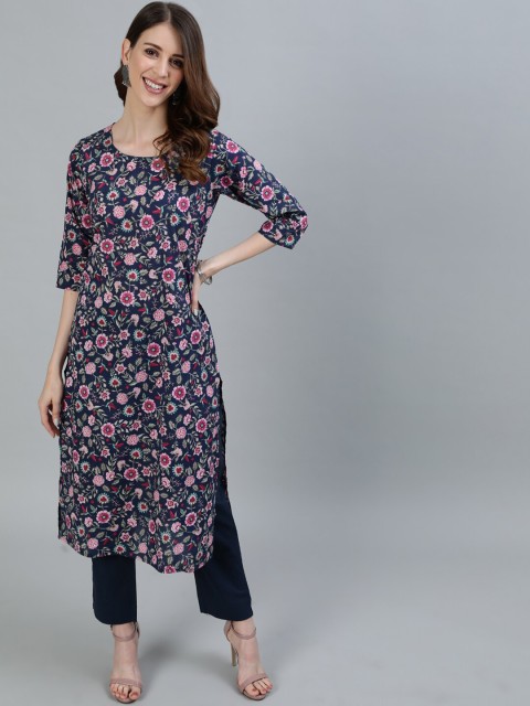 

AASI - HOUSE OF NAYO Women Navy Blue & Pink Floral Printed Floral Kurta