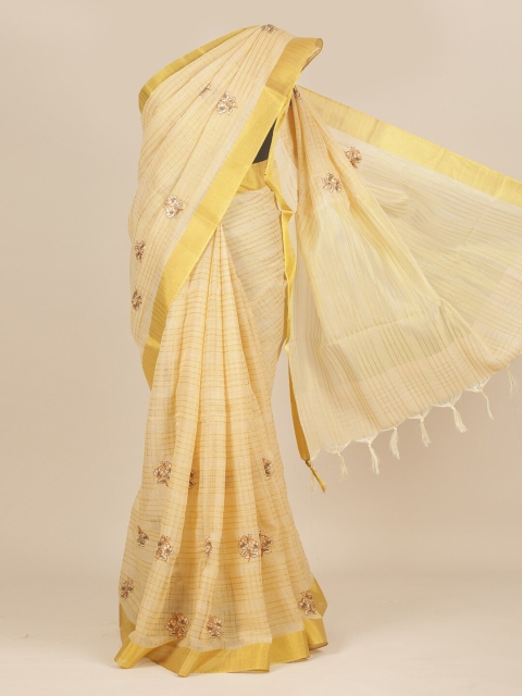 

Pothys Cream & Gold-Toned Floral Pure Cotton Saree