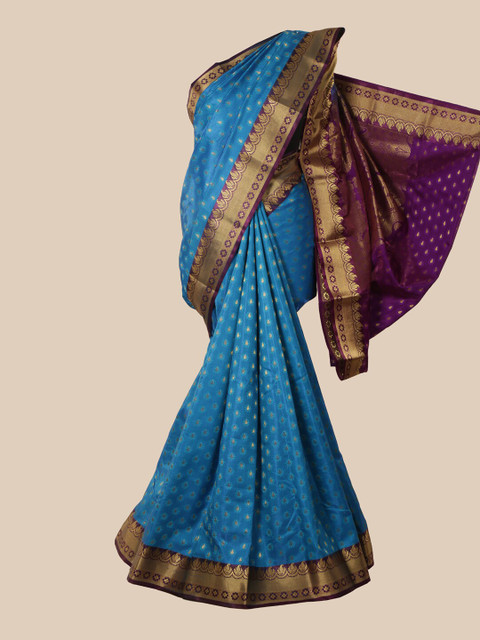 

Pothys Blue & Gold-Toned Ethnic Motifs Zari Satin Banarasi Saree