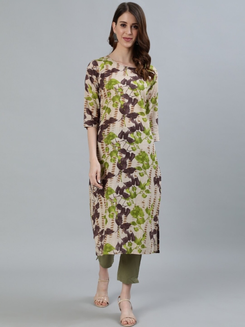 

AASI - HOUSE OF NAYO Women Beige Printed Keyhole Neck Pathani Kurta