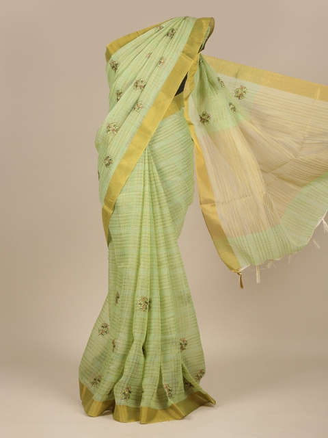 

Pothys Green & Gold-Toned Checked Embroidered Pure Cotton Saree
