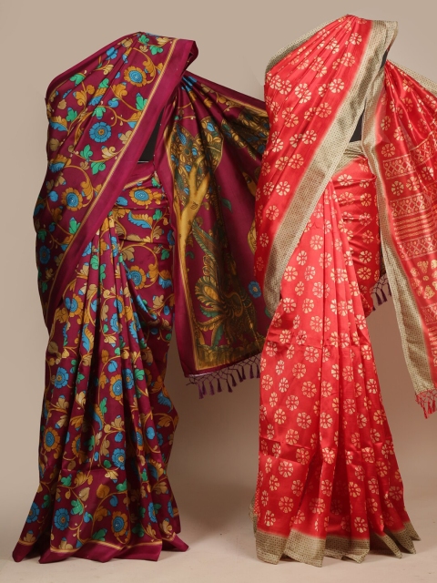 

Pack of 2 - Pothys Maroon & Blue Floral Jute Silk Saree