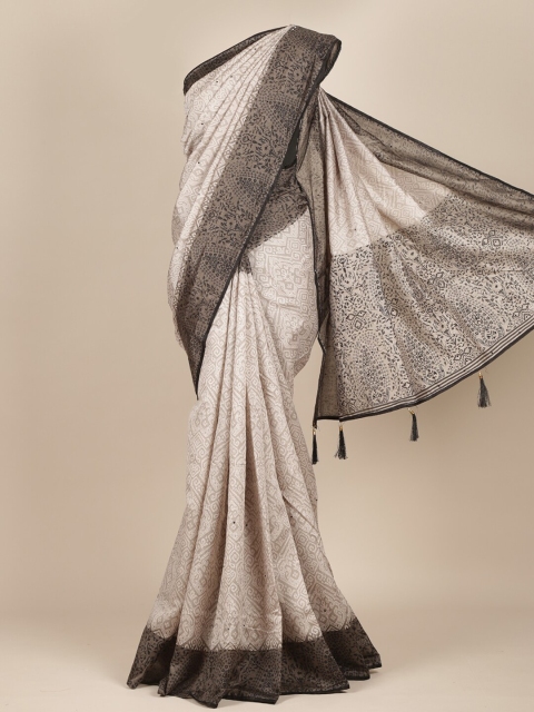 

Pothys Grey & White Ethnic Motifs Cotton Blend Saree With Tasseled Pallu