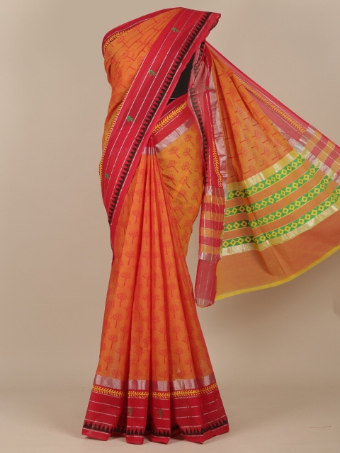 

Pothys Orange & Green Floral Zari Saree