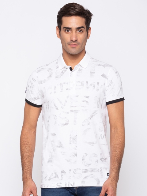 

SPYKAR Men White Typography Printed Polo Collar Slim Fit Cotton T-shirt