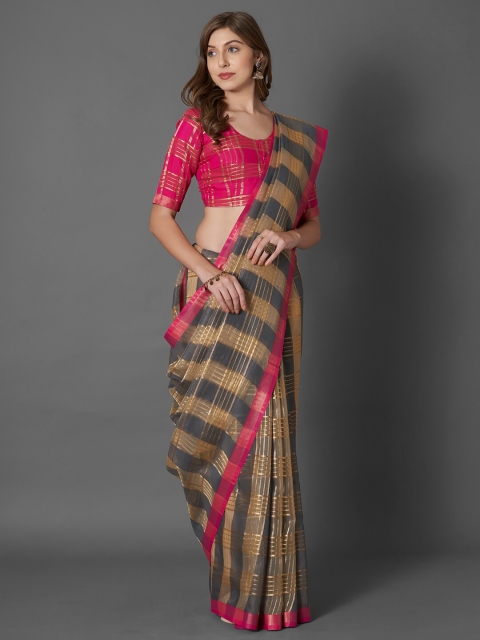 

Mitera Grey & Pink Checked Zari Linen Blend Saree