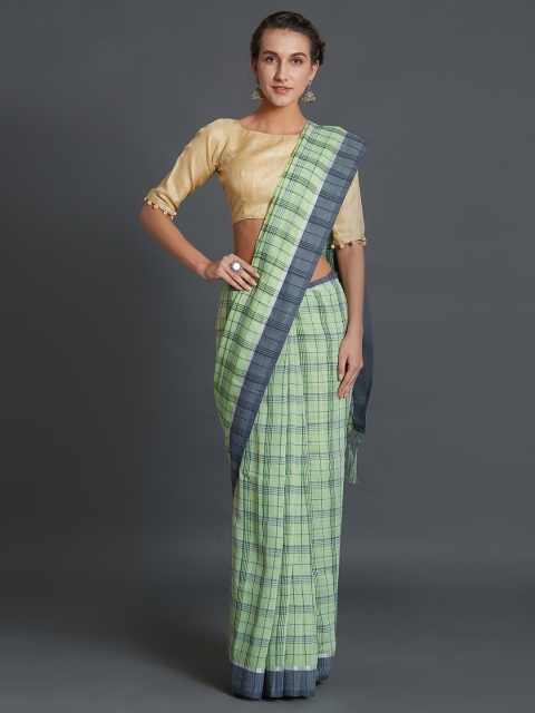 

Mitera Green & Blue Checked Linen Blend Saree