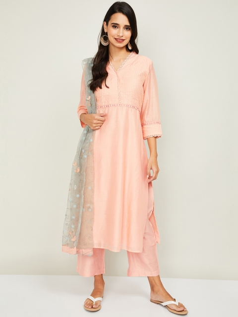 

Melange by Lifestyle Women Peach Chanderi Cotton Kurta with Trousers & With Dupatta