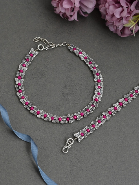 

Silvermerc Designs Set Of 2 Silver-Plated Pink Beaded Antique Anklets