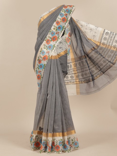

Pothys Grey & Orange Printed Saree