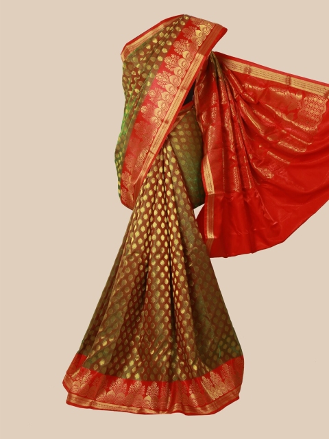

Pothys Green & Red Ethnic Motifs Zari Banarasi Saree