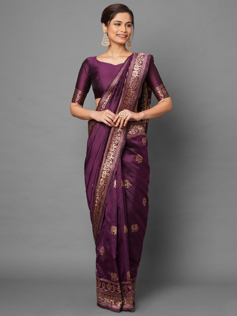 

Mitera Purple & Gold-Toned Woven Design Zari Silk Blend Banarasi Saree