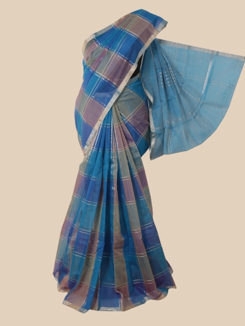 

Pothys Blue & Mauve Checked Zari Pure Silk Kanjeevaram Saree