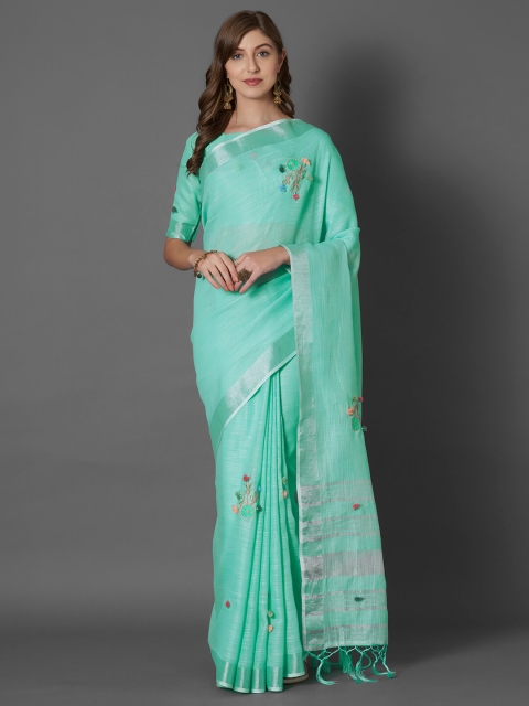 

Mitera Sea Green & Silver-Toned Floral Embroidered Linen Blend Saree