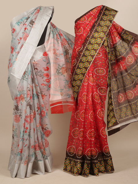 

Pothys Grey & Red Floral Print Jute Silk Saree Pack of 2