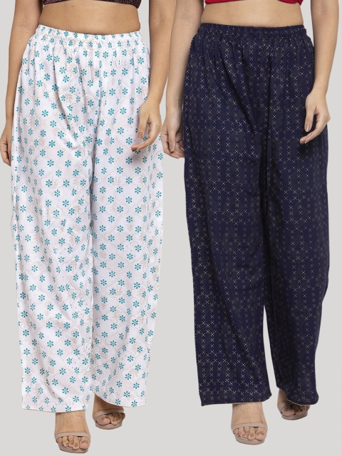 

Clora Creation Women White & Navy Blue 2 Ethnic Motifs Printed Knitted Palazzos