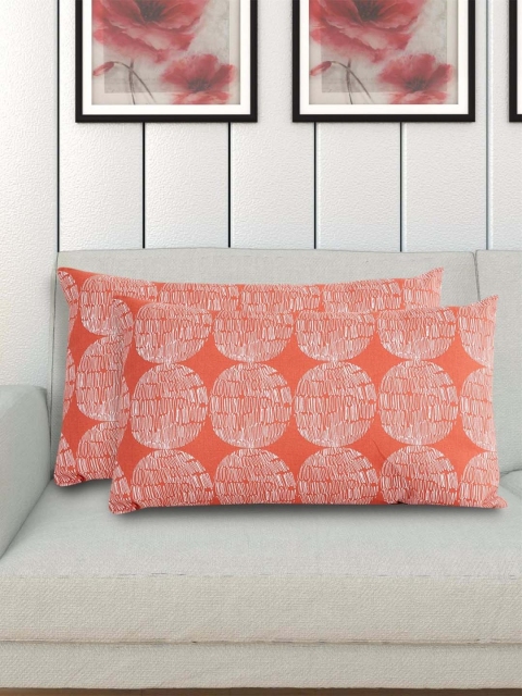 

Home Centre Set Of 2 Orange & White Ebony Printed Cotton Rectangular Cushions