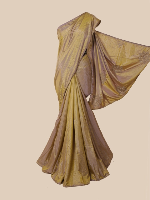 

Pothys Tan & Green Embellished Beads and Stones Art Silk Saree