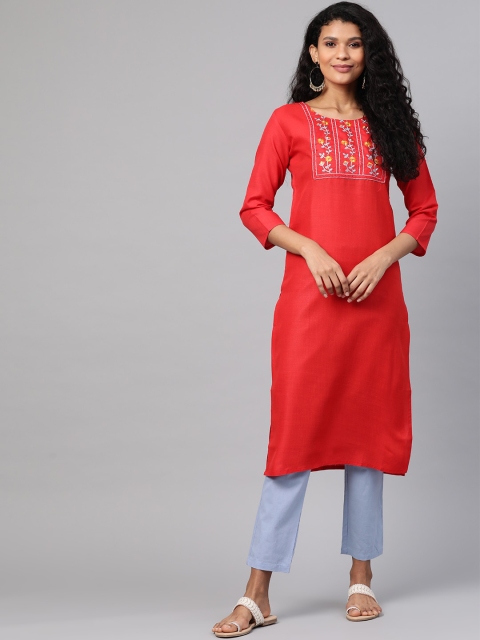 

KSUT Women Red Solid Calf-Length Straight Kurta