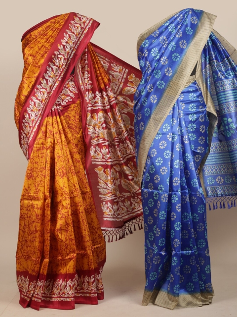 

Pothys pack of 2 Mustard & Blue Abstract and Floral Printed Jute Silk Saree