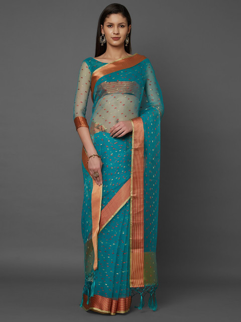

Mitera Blue & Red Ethnic Motifs Zari Organza Heavy Work Saree