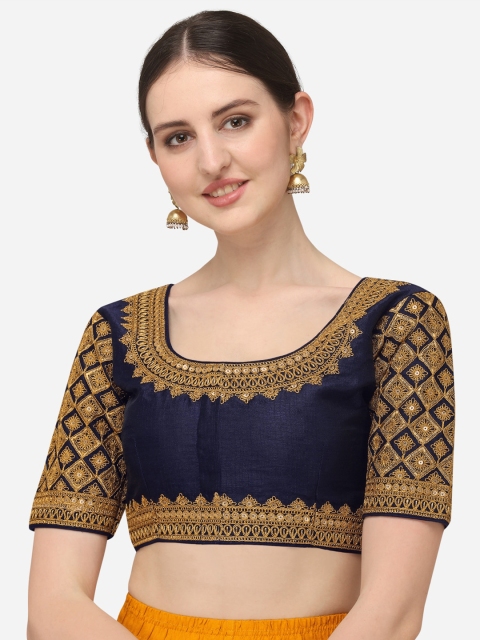 

Fab Dadu Women Navy Blue & Gold-Coloured Embroidered Silk Saree Blouse