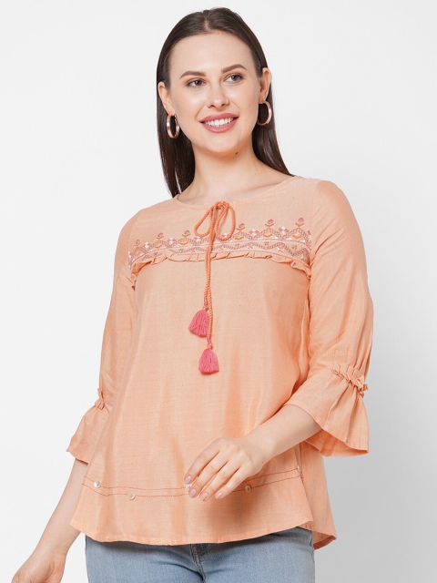 

Os Peach Geometric Tie-Up Neck A-Line Top