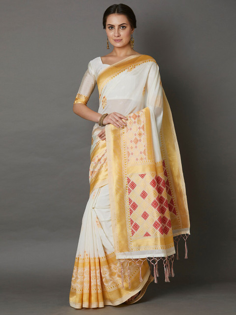 

Mitera Cream & Pink Ethnic Motifs Zari Silk Blend Saree