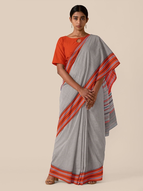 

Taneira Grey & Orange Solid Pure Cotton Begumpur Saree