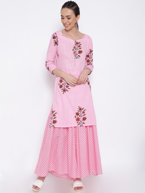 

MARC LOUIS Women Pink Floral Printed Pure Cotton Kurti with Sharara