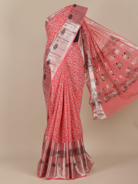 

Pothys Pink & White Printed Floral Zari Saree