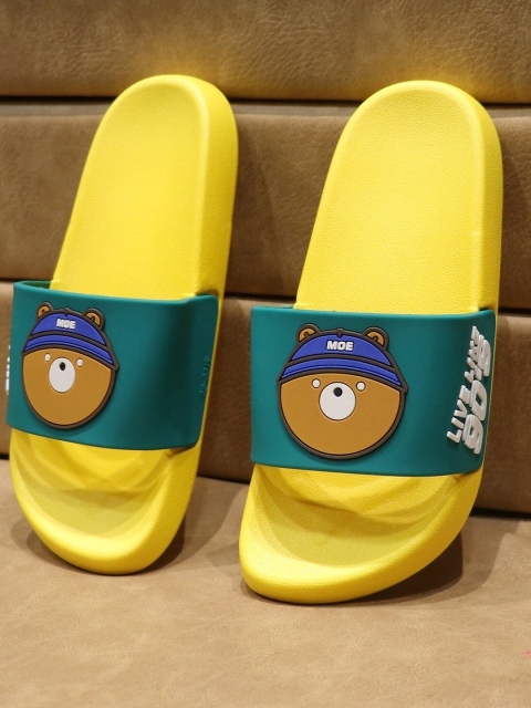 

FEETWELL SHOES Kids Yellow & Teal Printed Croslite Sliders
