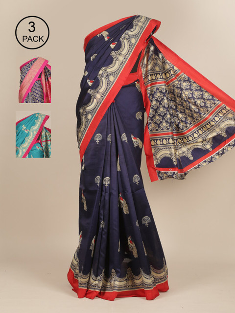 

Pothys Navy Blue & Red Pack of 3 Ethnic Motifs Jute Silk Saree