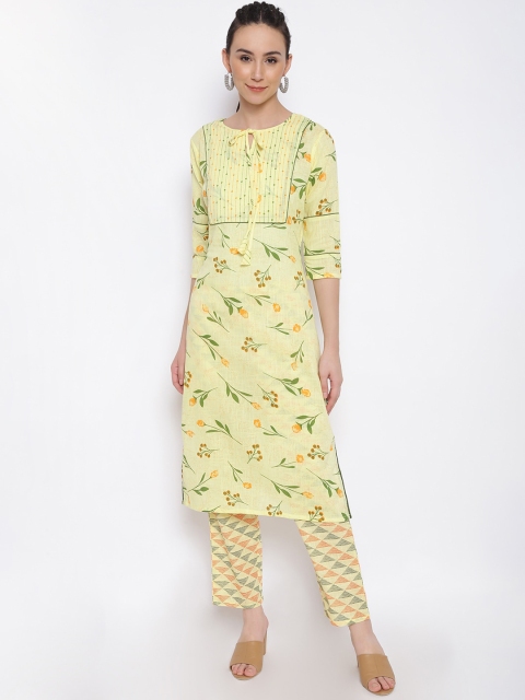

MARC LOUIS Women Yellow Floral Printed Panelled Pure Cotton Kurta with Trousers