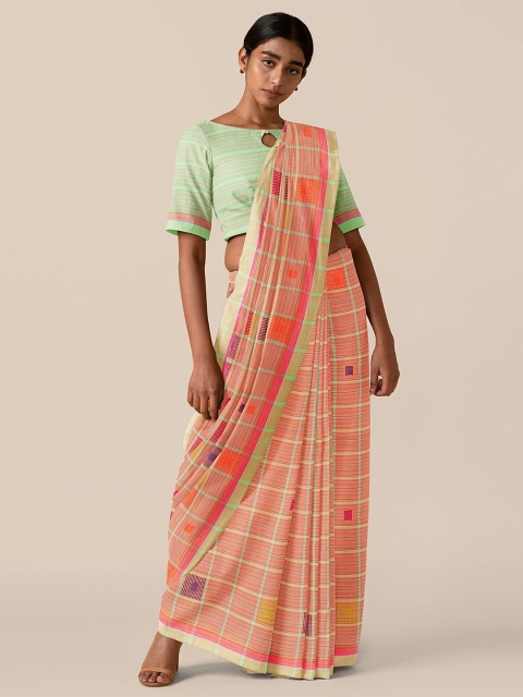 

Taneira Peach & Pink Checked Pure Cotton Saree